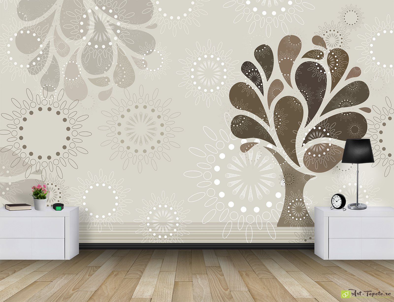 Fototapet abstract copac cu ornamente, 3d tapet decorativ in dormitor si living