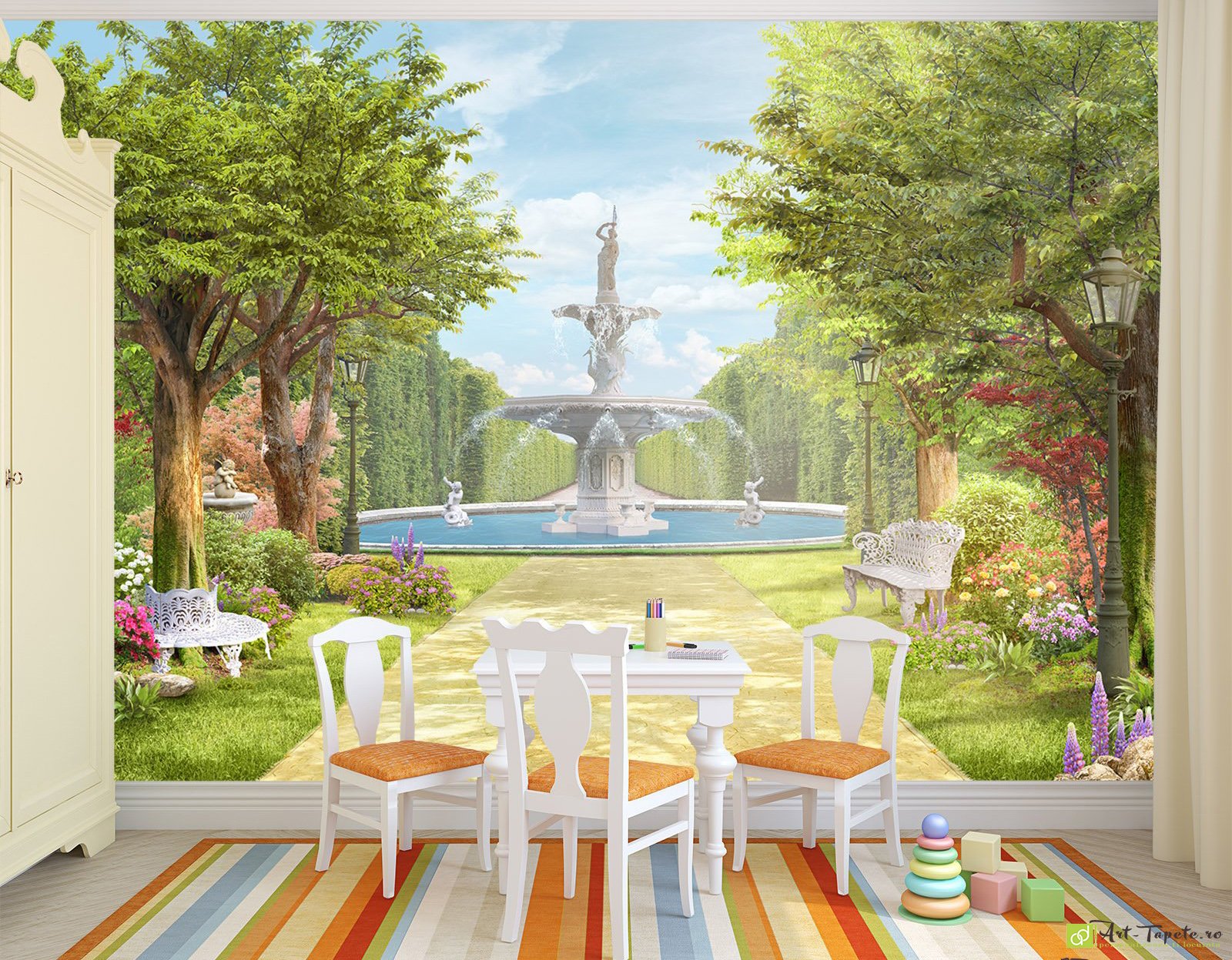 Fototapet Stilul provensal, fântână și aleea | Tapet peisaje