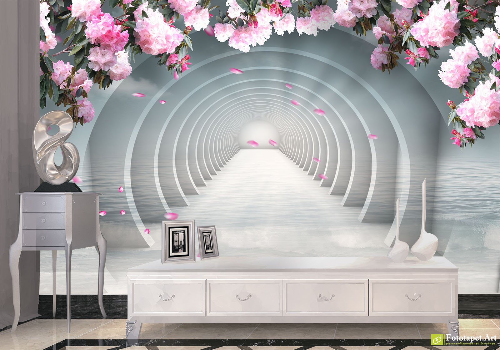 Fototapet3D tunel cu flori, tapet personalizat pentru living si dormitor