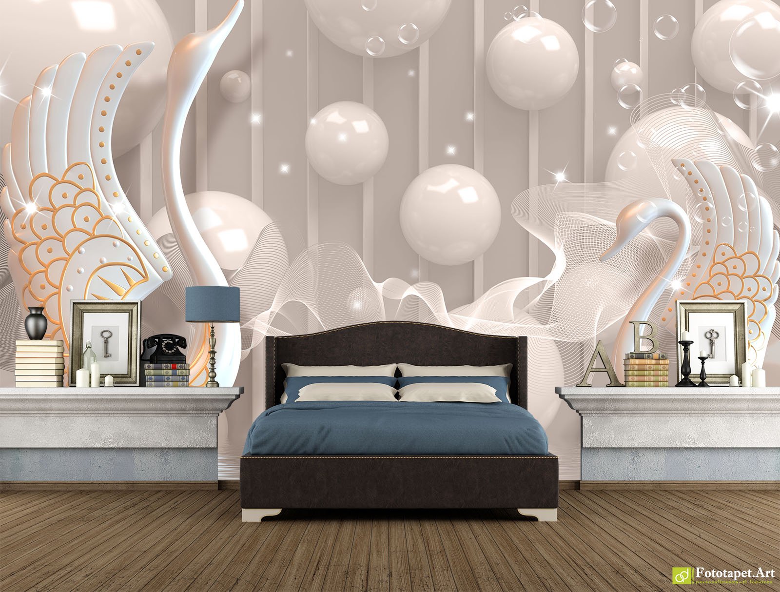 Fototapet 3d Lebede și bile, Tapet decorativ pentru living si dormitor