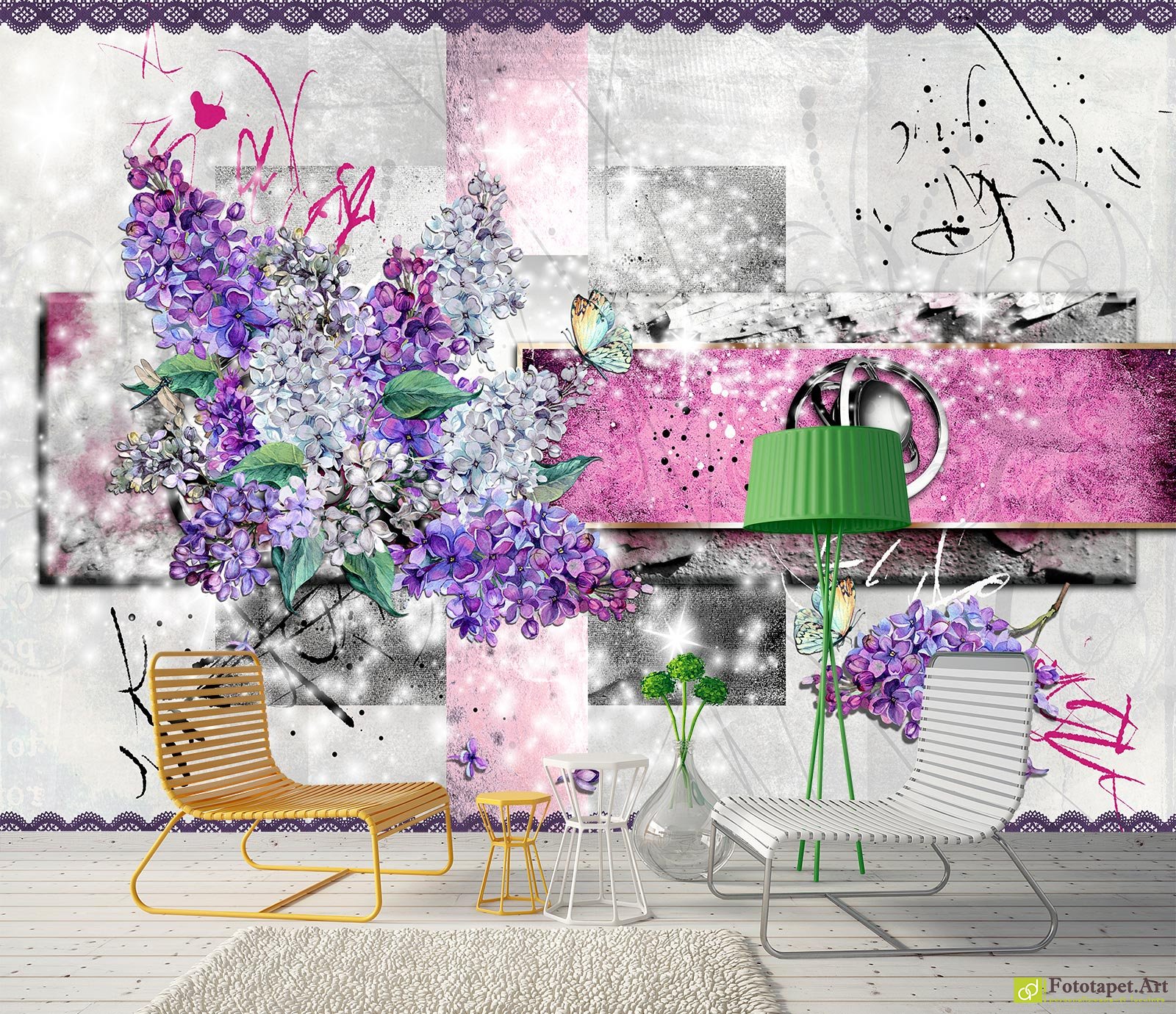 Fototapet Liliac și fluturi cu fundal abstract