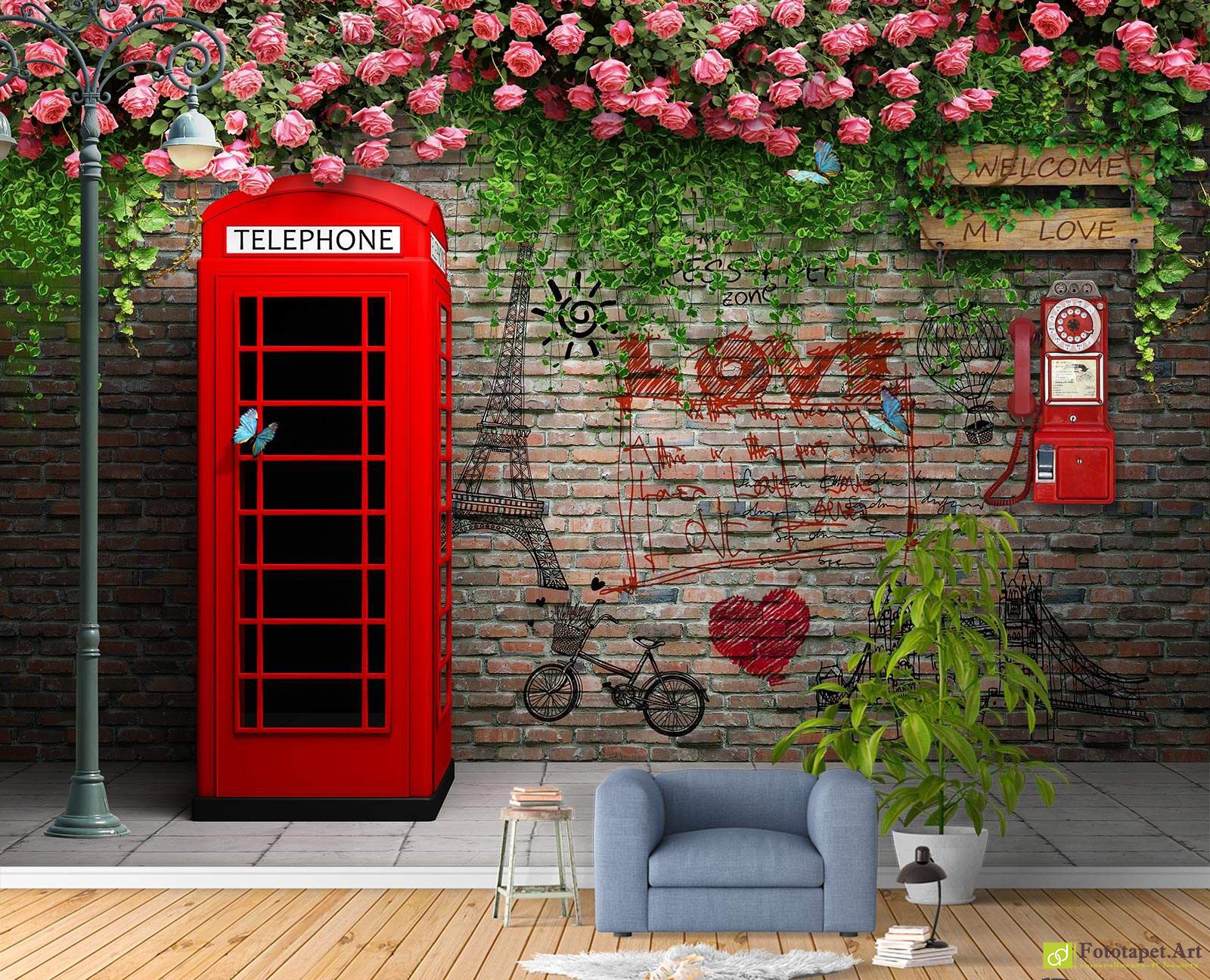 Tapet Caramida și cabina telefonică, fototapet 3d