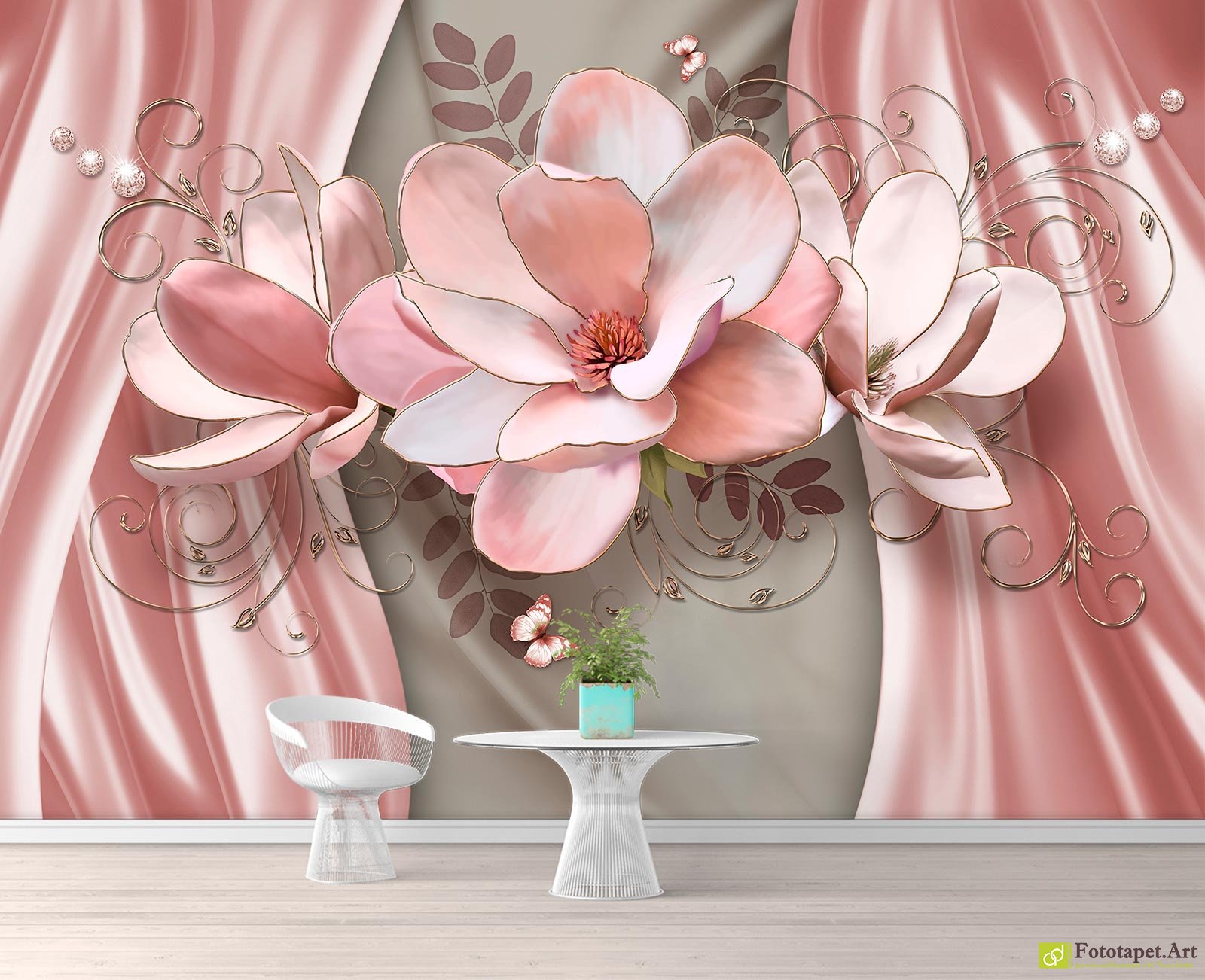 Tapet cauciucat bucatarie - Magnolia și fondul abstract cu bucle