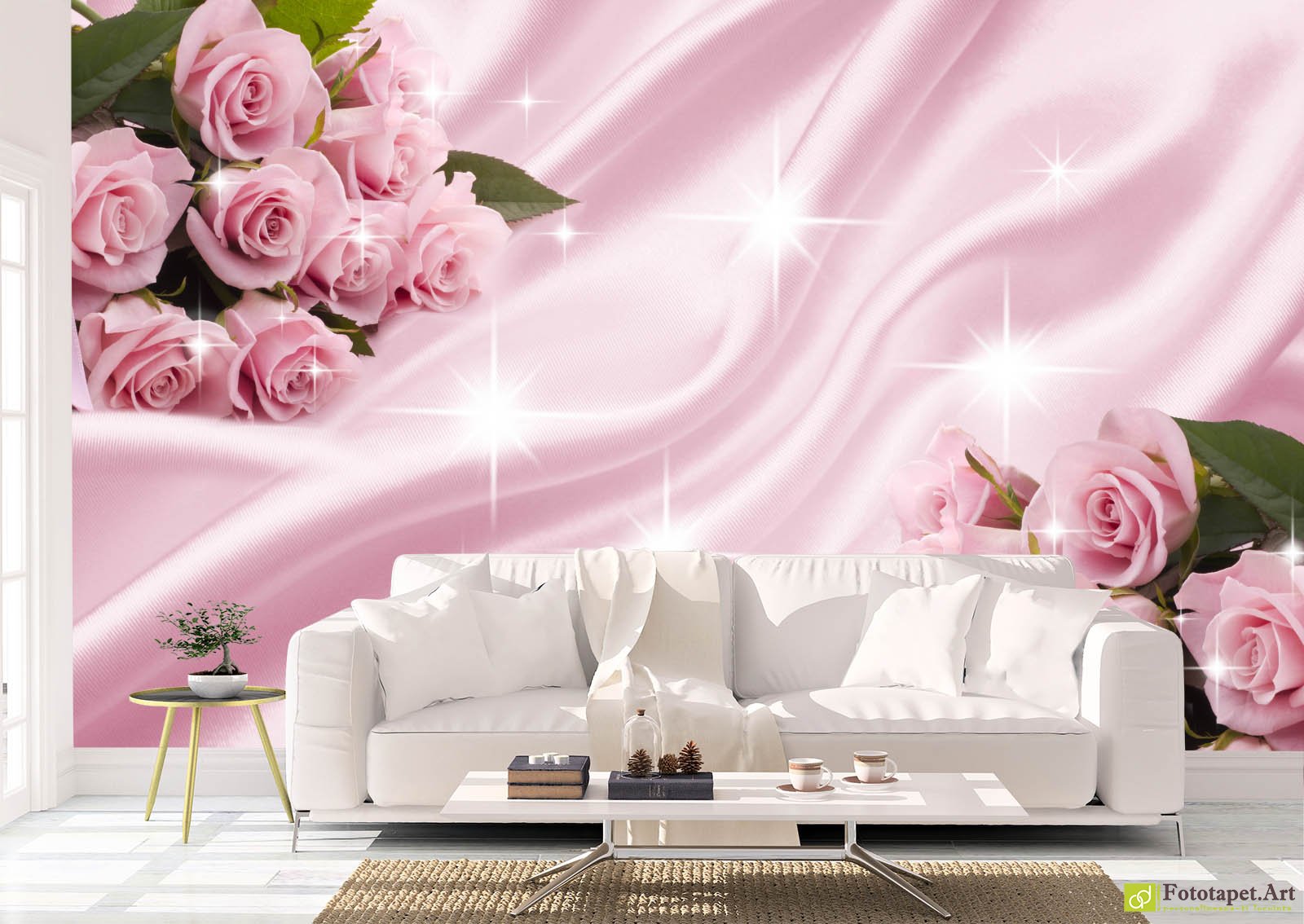 Fototapet Flori - Trandafiri pe mătasă roz, Tapet foto
