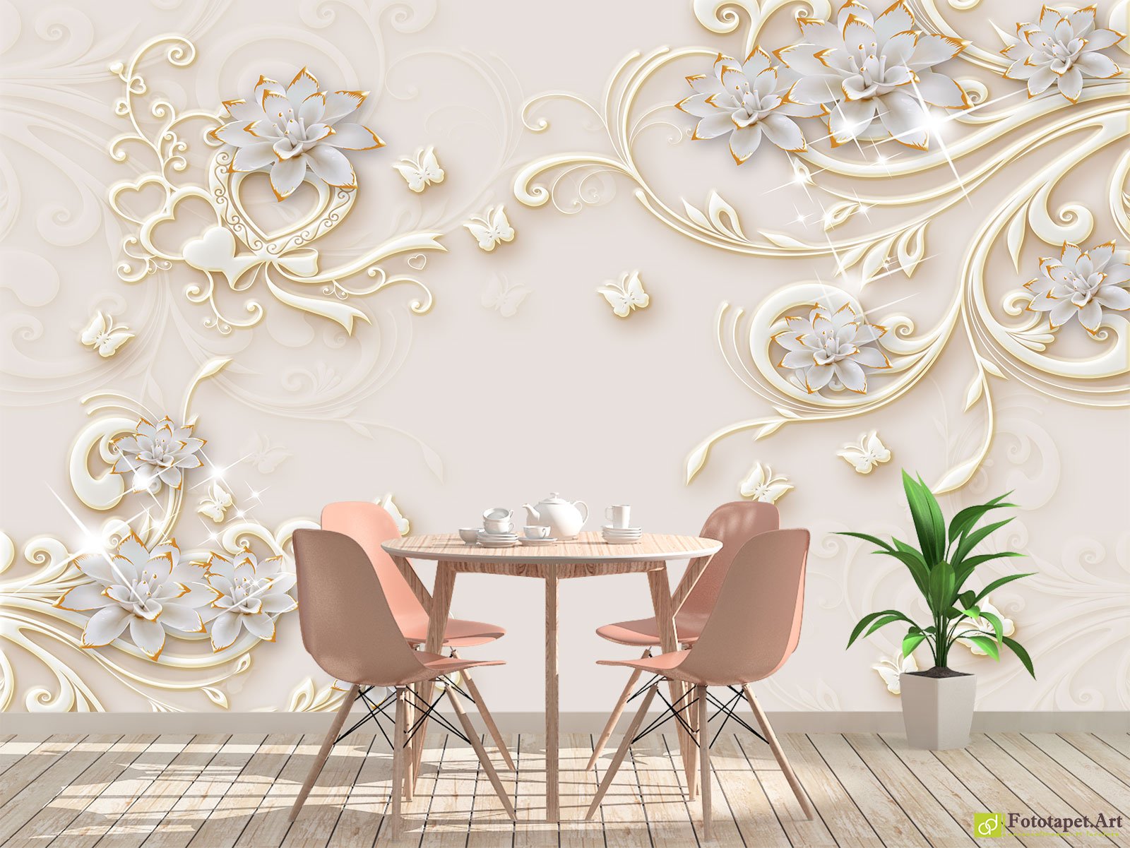Fototapet 3d flori decorative fundal deschis, tapet decorativ pentru dormitor