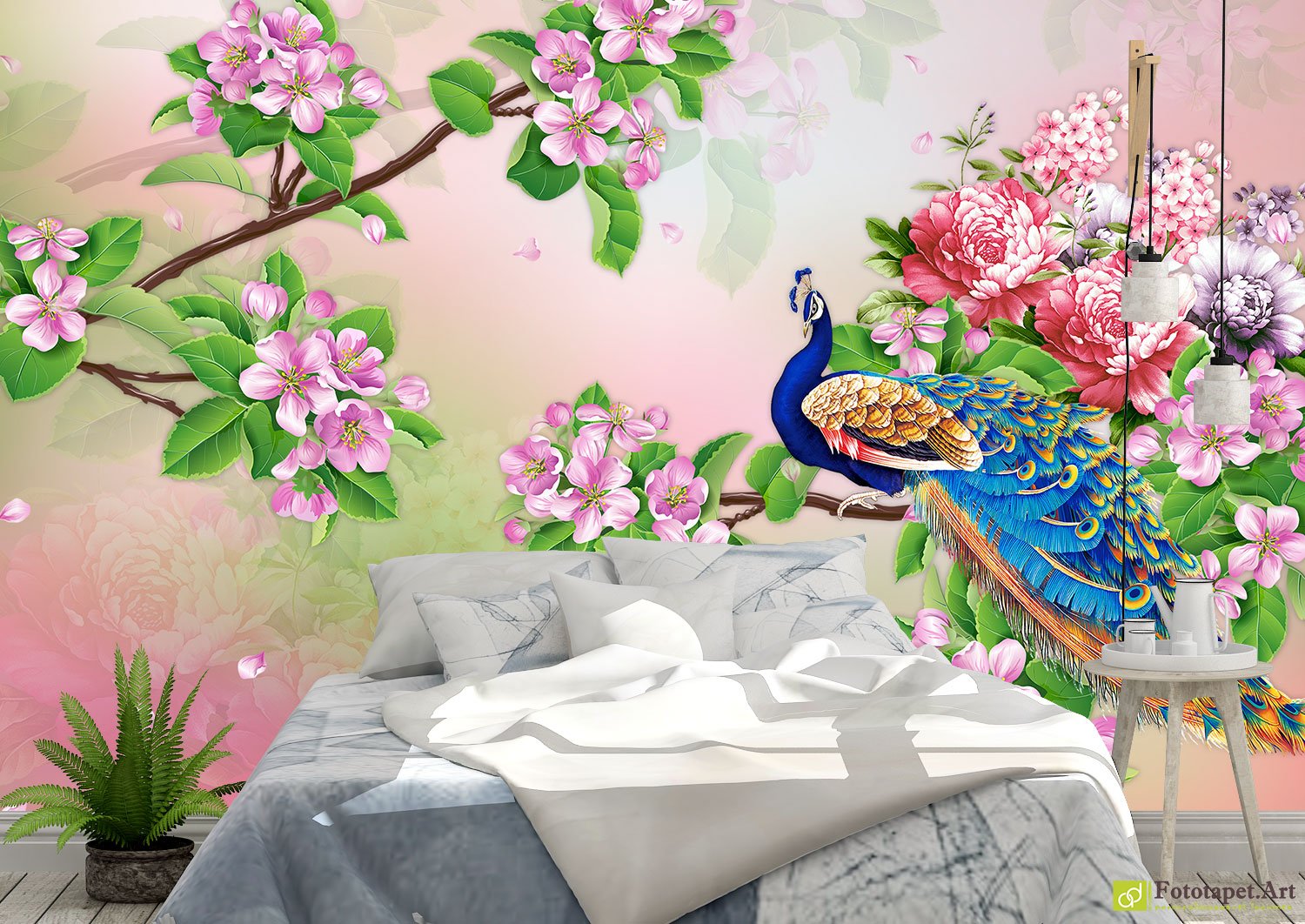 Tapet cu flori - Paun si flori, Tapet decorativ