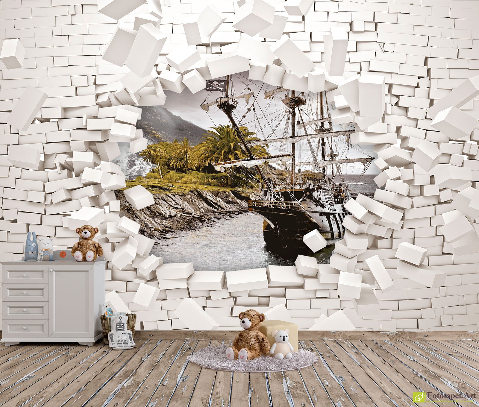 Fototapet copii Perete stricat și navă de pirați