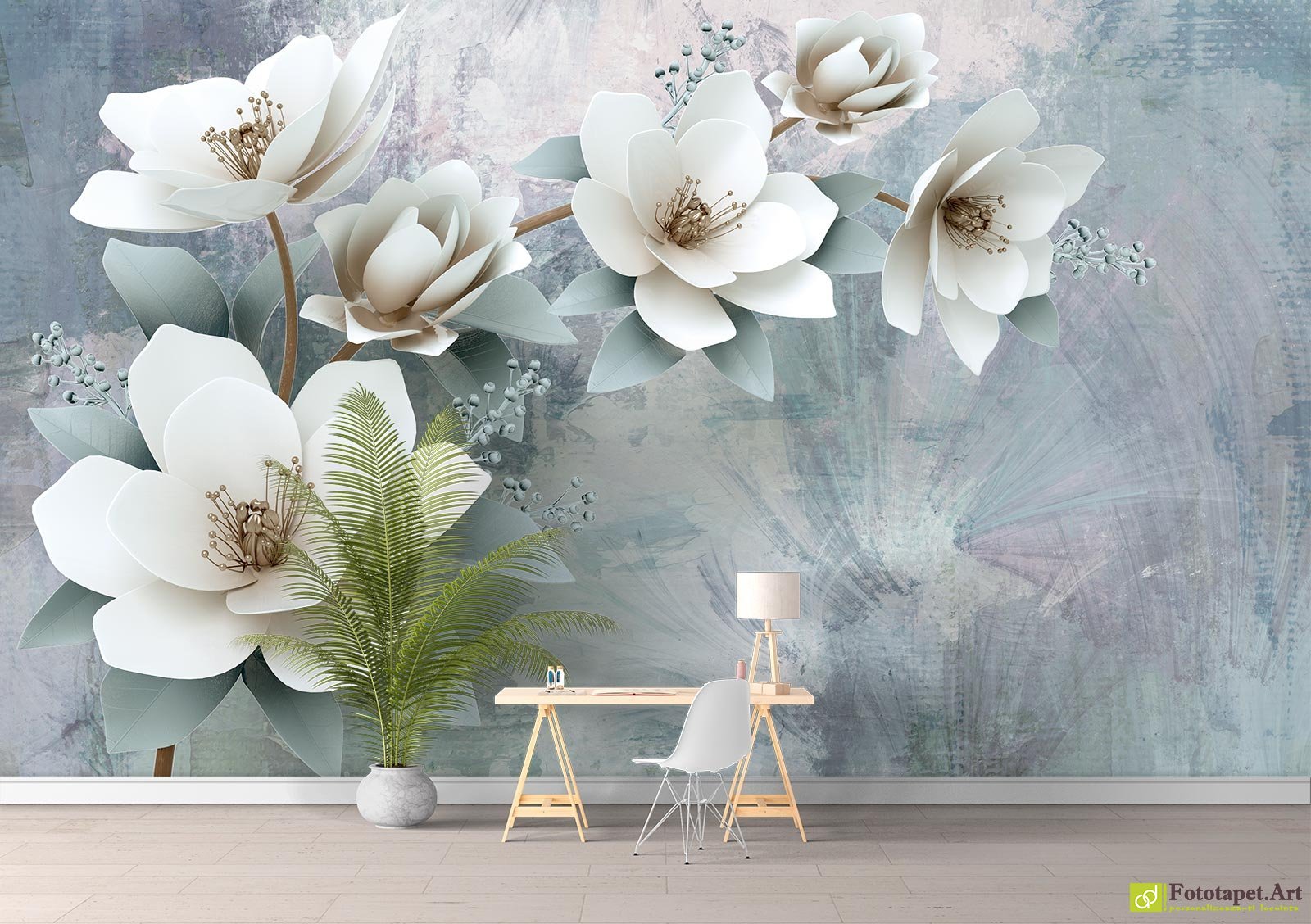 Fototapet Flori  la comandă - O ramură cu flori pe fundal pastel