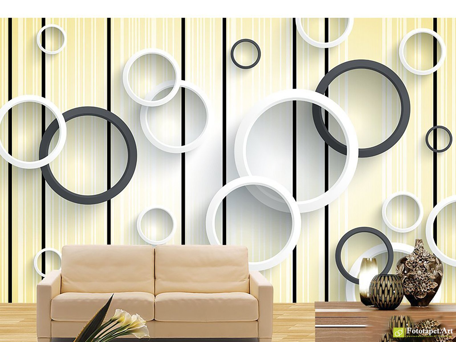 Foto tapet 3D Cercuri fundal galben, Tapet 3d