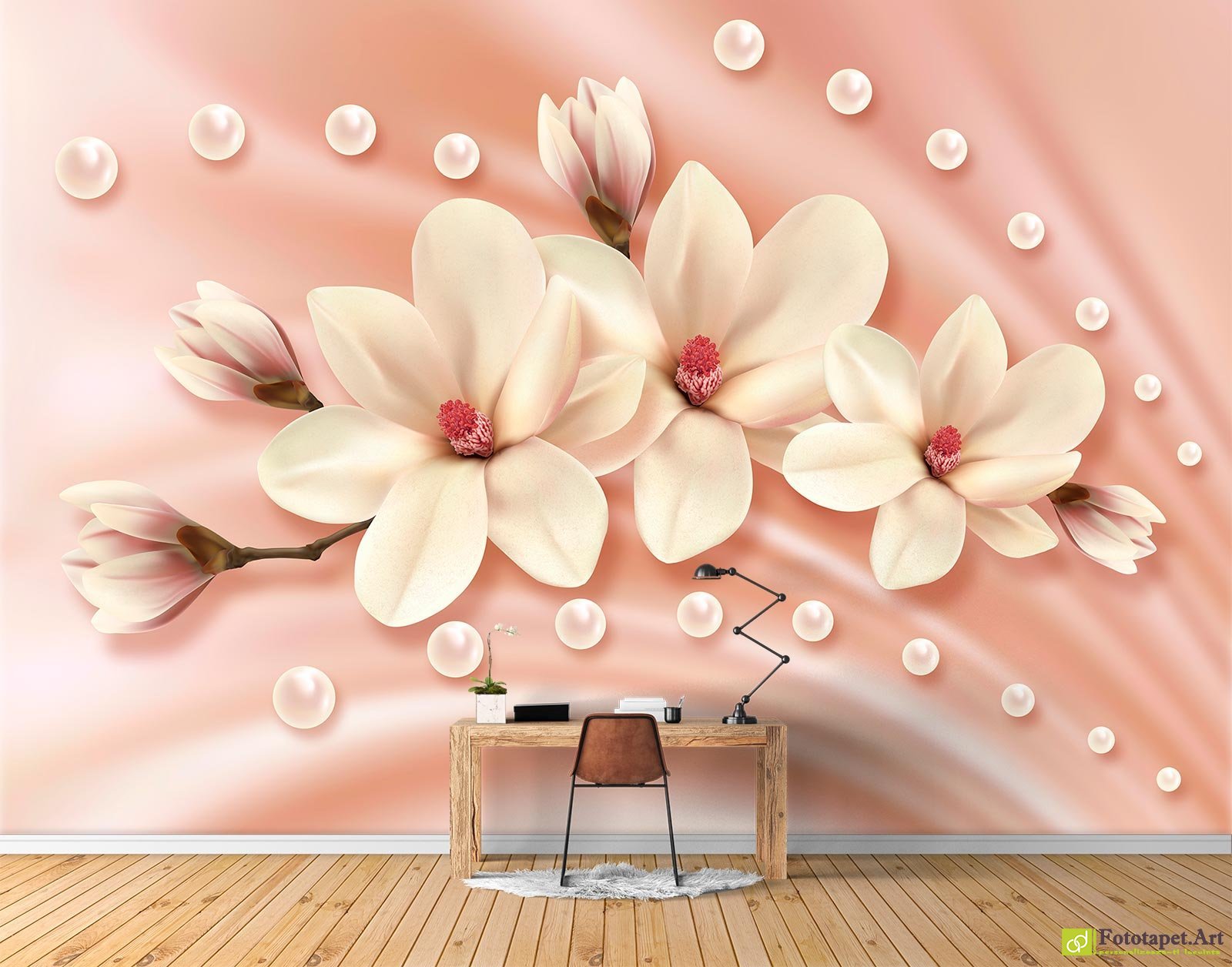 Fototapet Flori  la comandă - Magnolia pe fond roz cu pietre