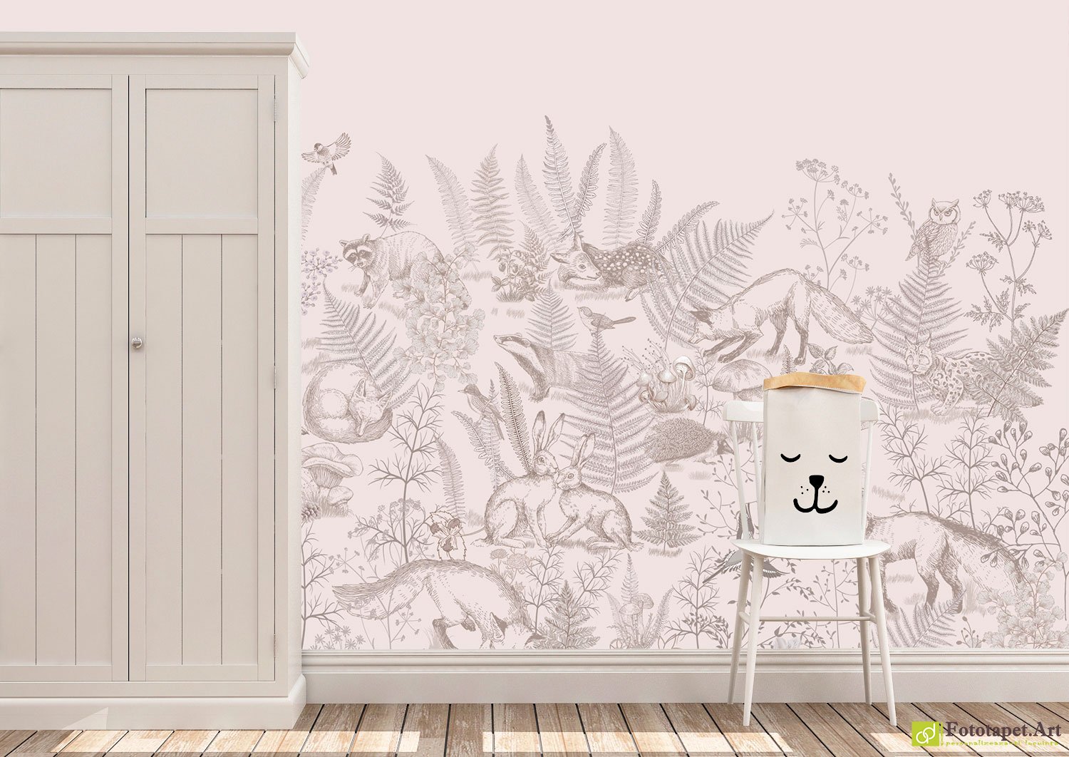 Fototapet animale pe fundal roz, Tapet pe perete