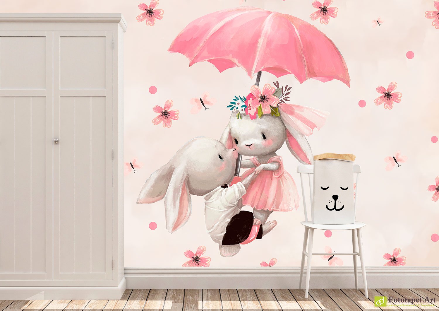 Fototapet pentru copii Iepurasi cu umbrela