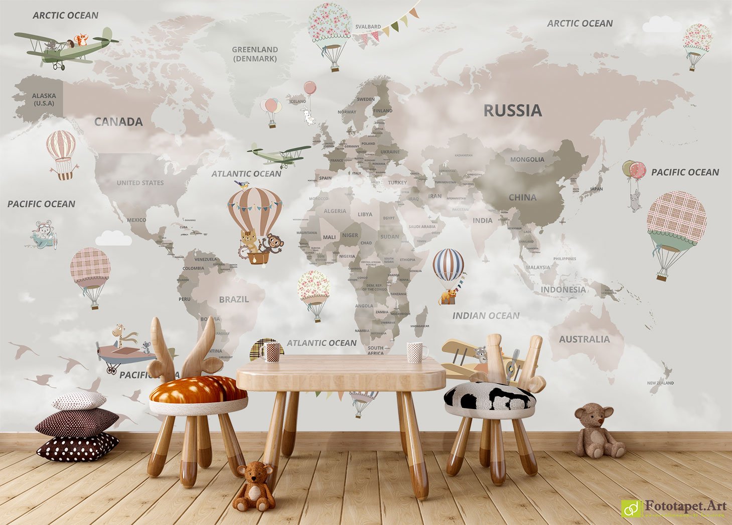 Fototapet Harta lumii si Baloane cu aer cald