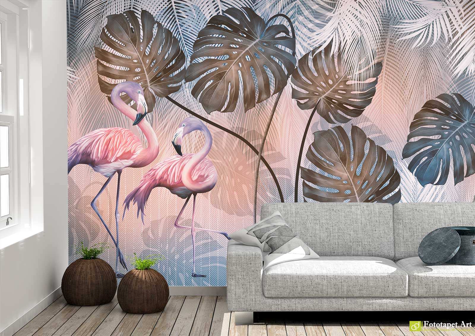 Foto tapet Flamingo și frunze tropicale, Tapet personalizat