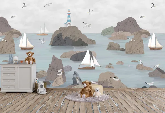 Fototapet copii Pescăruși și nave pe mare