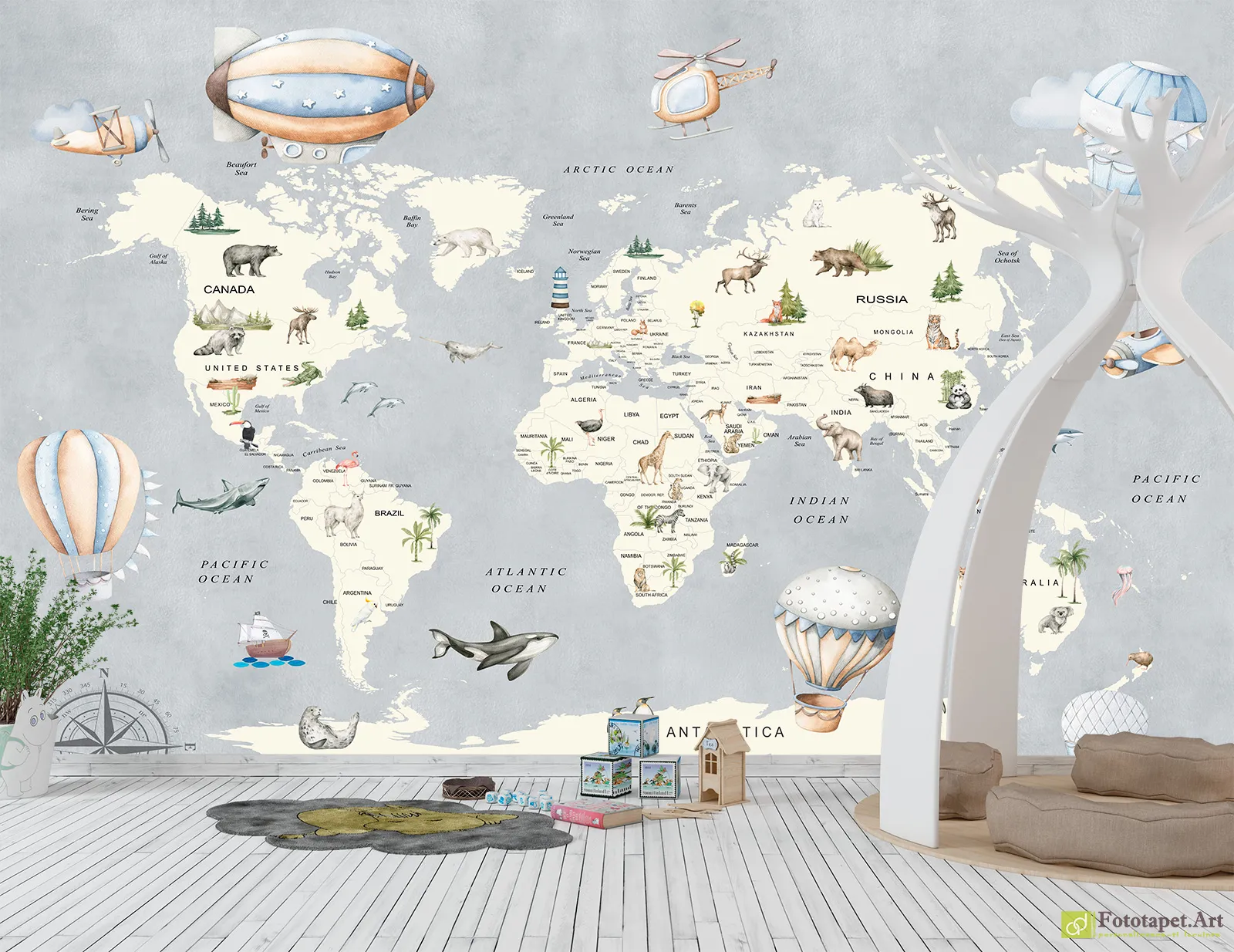 Fototapet Harta lumii în stil acuarelă (albastru)