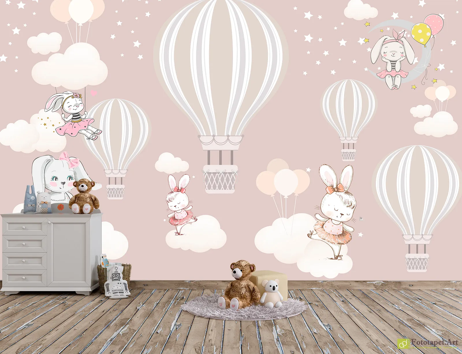 Fototapet baloane cu aer cald si iepurași