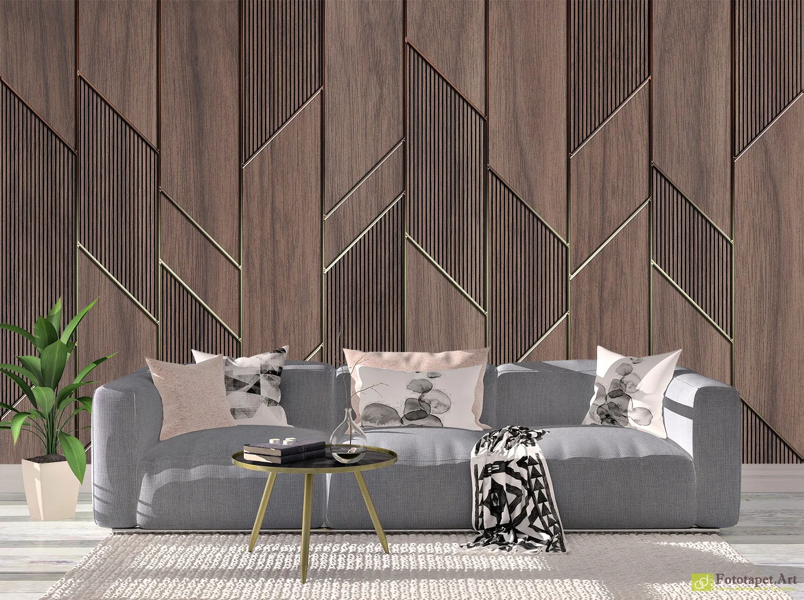 Fototapet Imitație lemn pe perete, linii de cupru, tapet modern la comanda