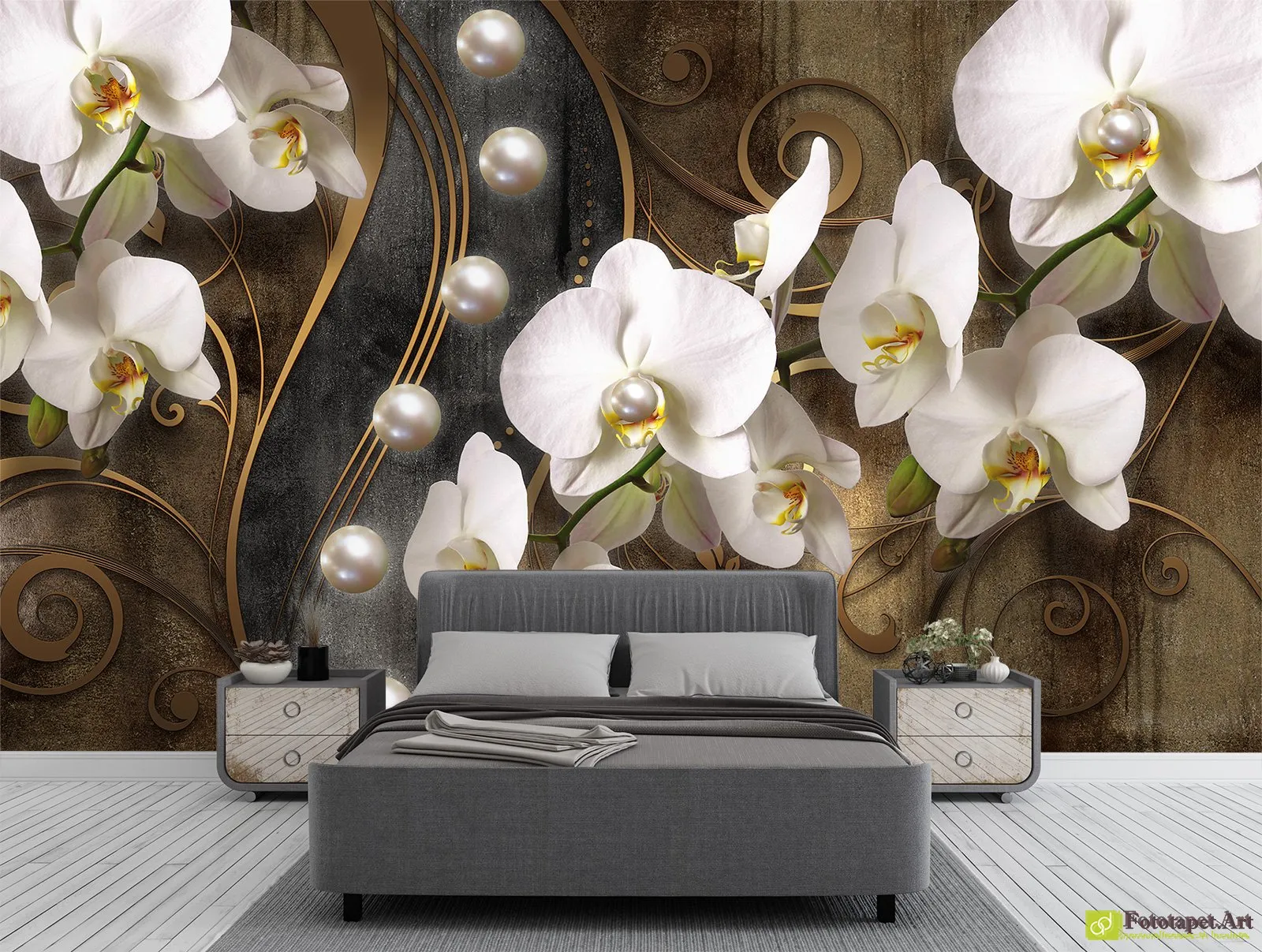 Fototapet Flori - Orhidee pe fundal lemnului cu bucle