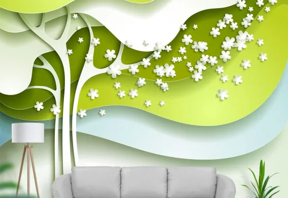 Fototapet Vinyl 3D Copac verde în volum, Tapet 3d