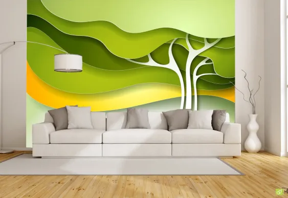 Tapet 3D Copac verde în volum, Fototapet Vinyl