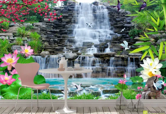 Fototapet - Cascadă și Flori, tapet flori