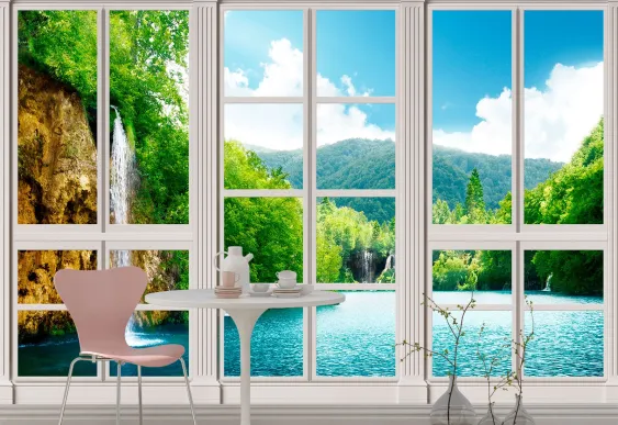 Fototapet de vinil Natură - Fereastra și cascada