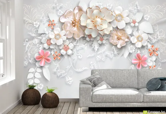 Tapet flori 3d pe fundal gri, fototapet decorativ personalizat