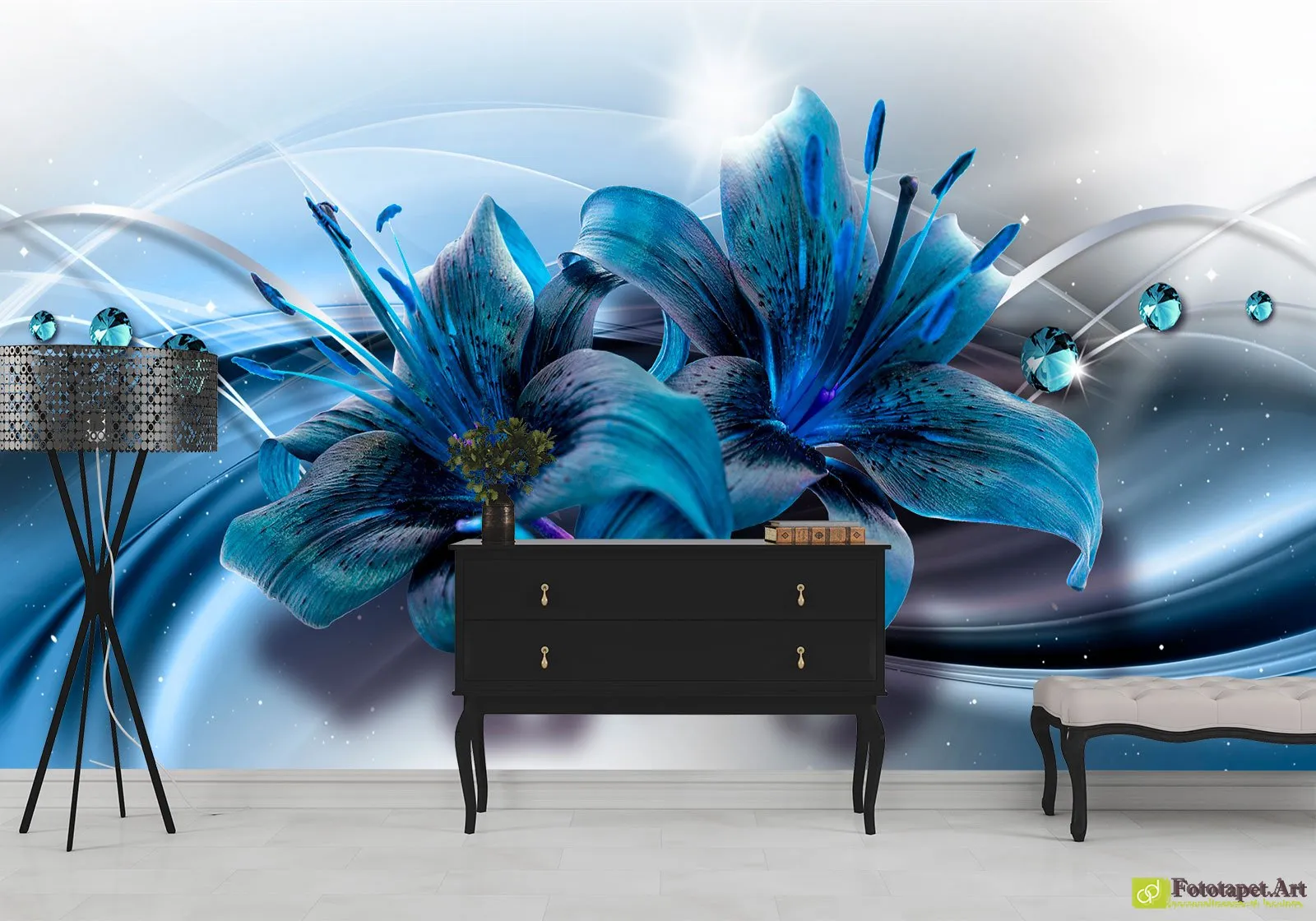 Fototapet Flori - Crini albastre fundal abstract, Tapet 3d