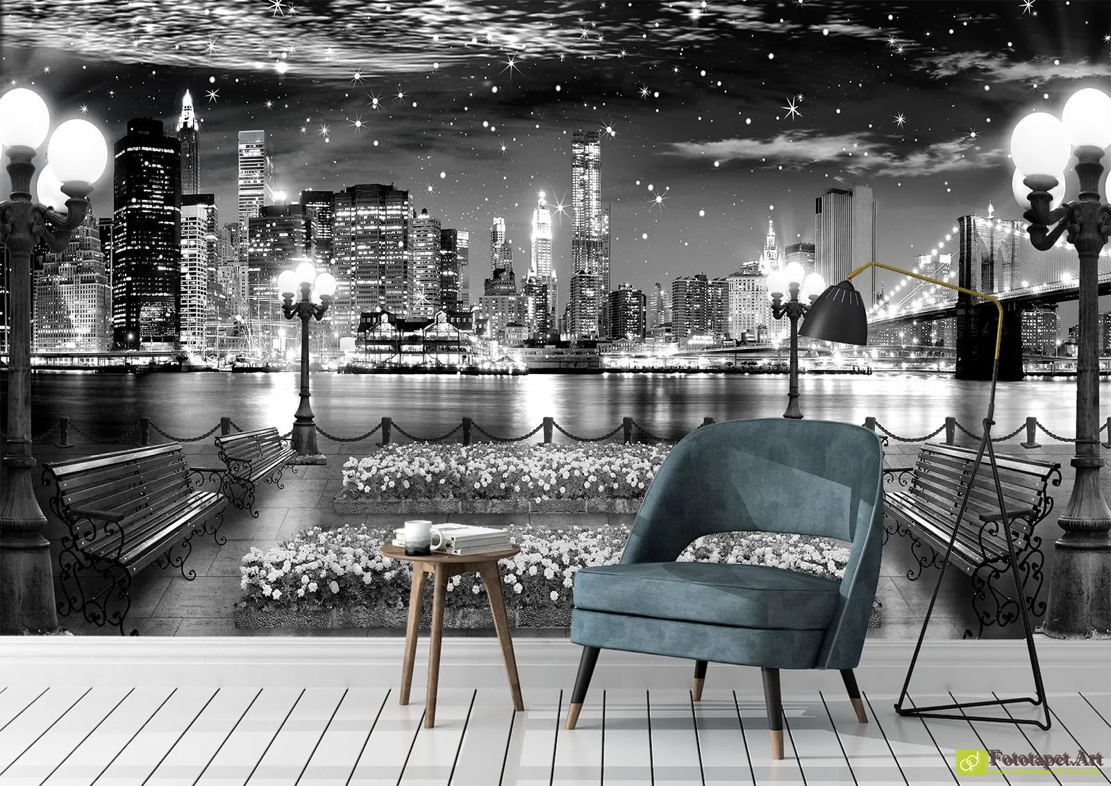 Tapet Oraș in noapte alb-negru