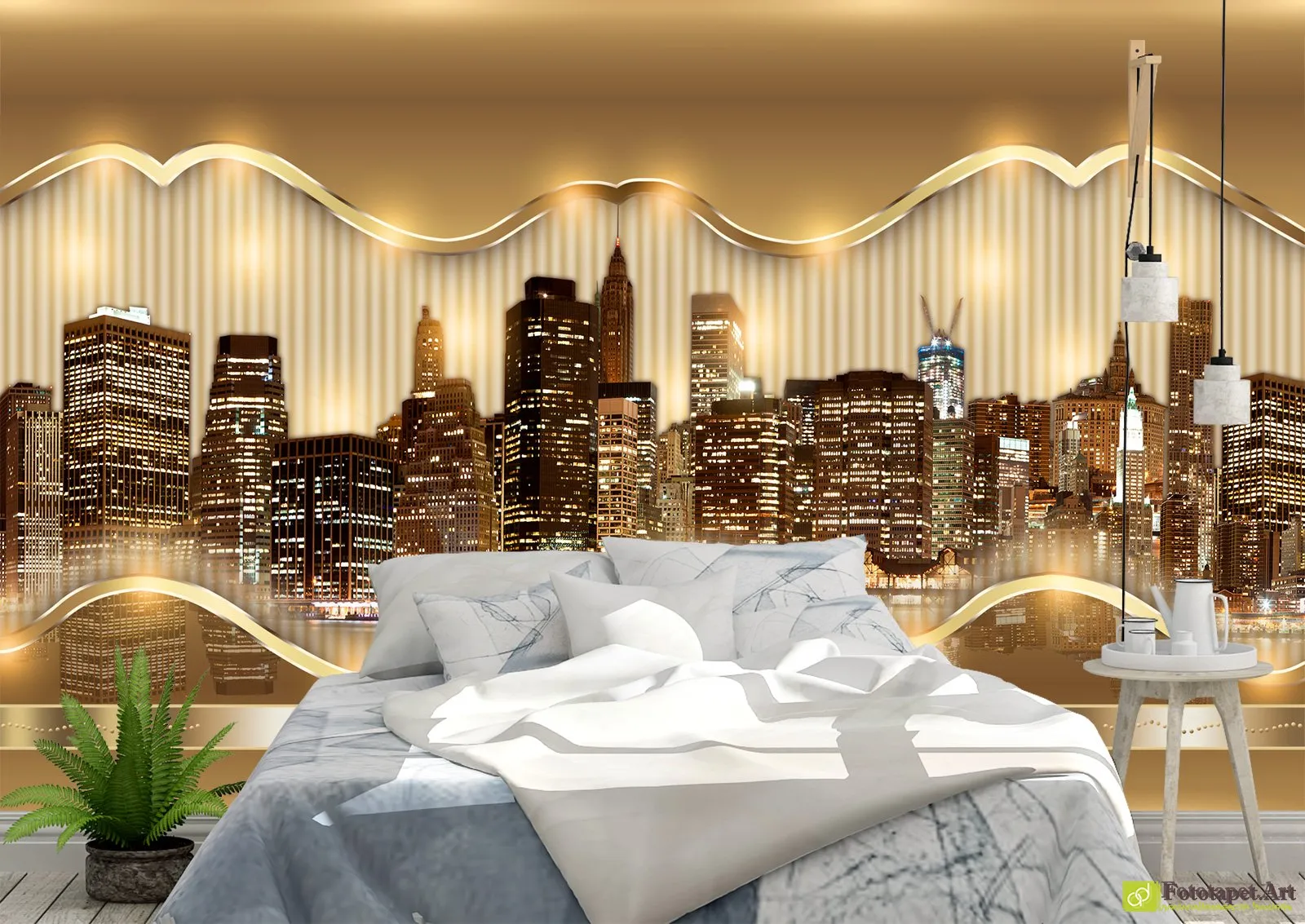 Fototapet Oraș abstract cu linii aurite