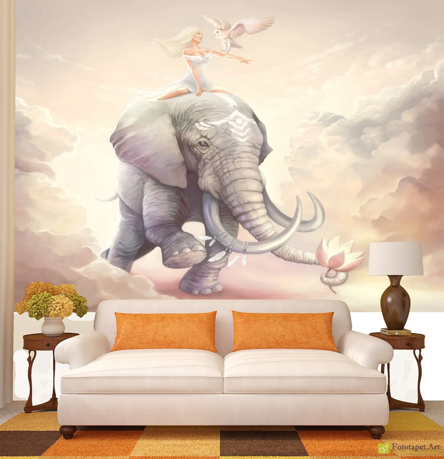 Fototapet copii elefant cu o floare de lotus, tapet camera copii fete