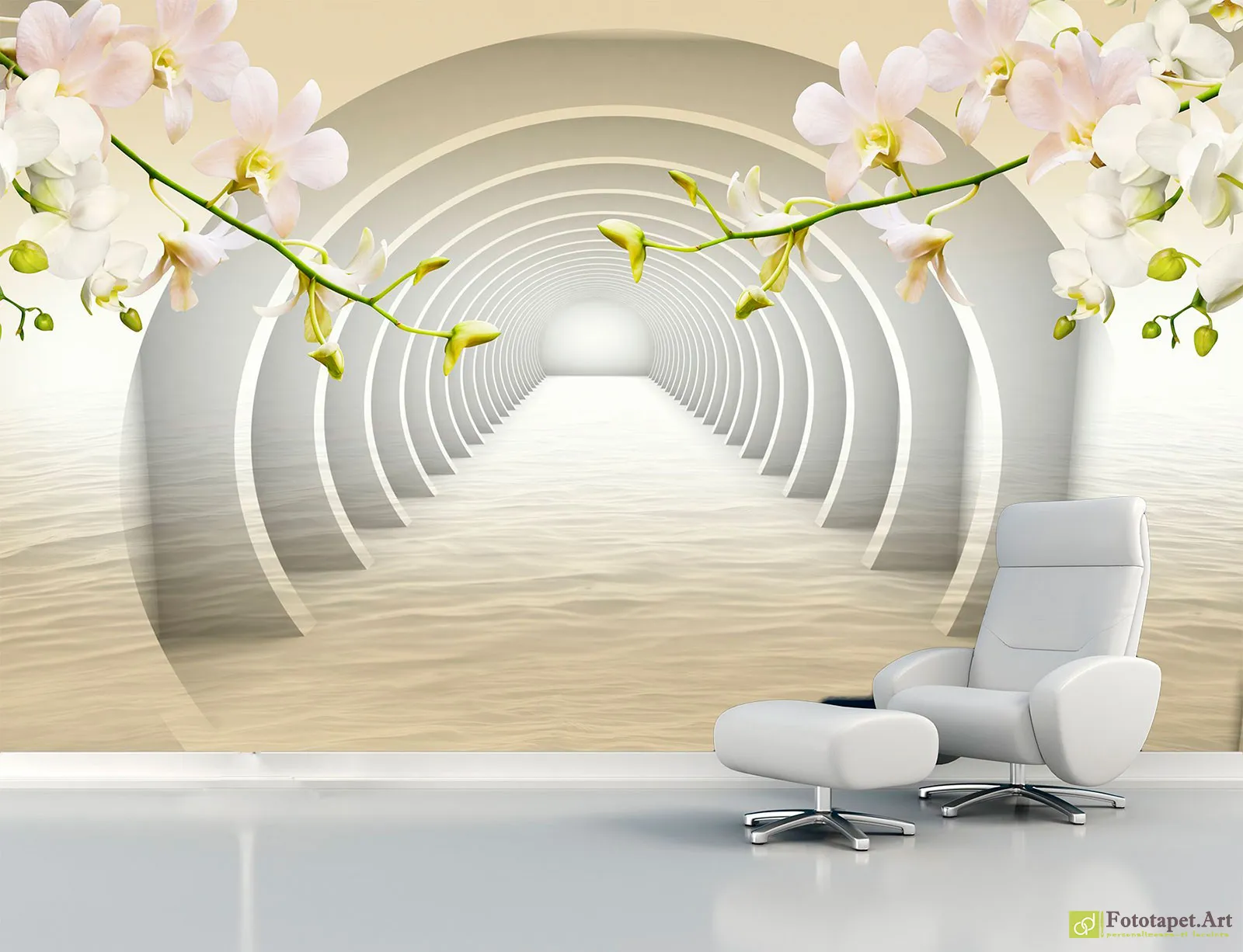 Fototapet 3D Tunel și orhidee, Tapet foto 3d