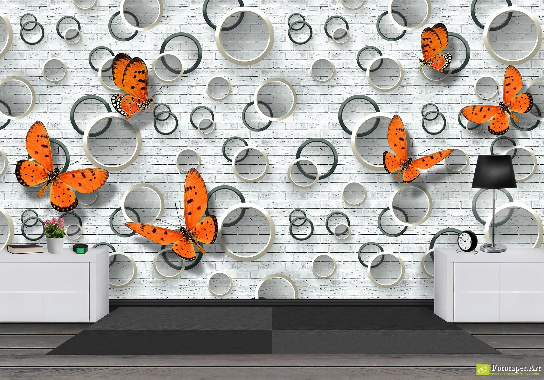 Tapet 3D Cercuri și fundal din cărămidă cu fluturi