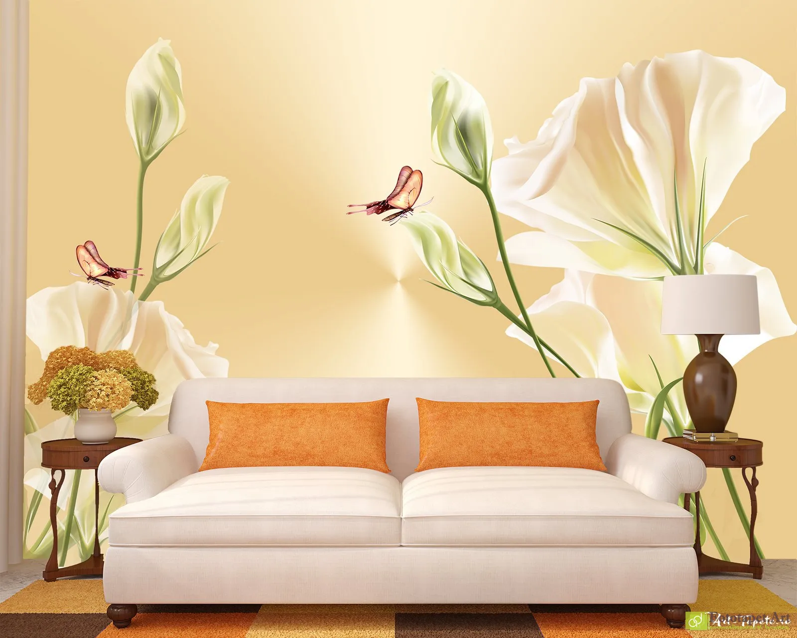 Tapet Flori în Romănia - Floare Datura cu fluturi pe un fundal galben