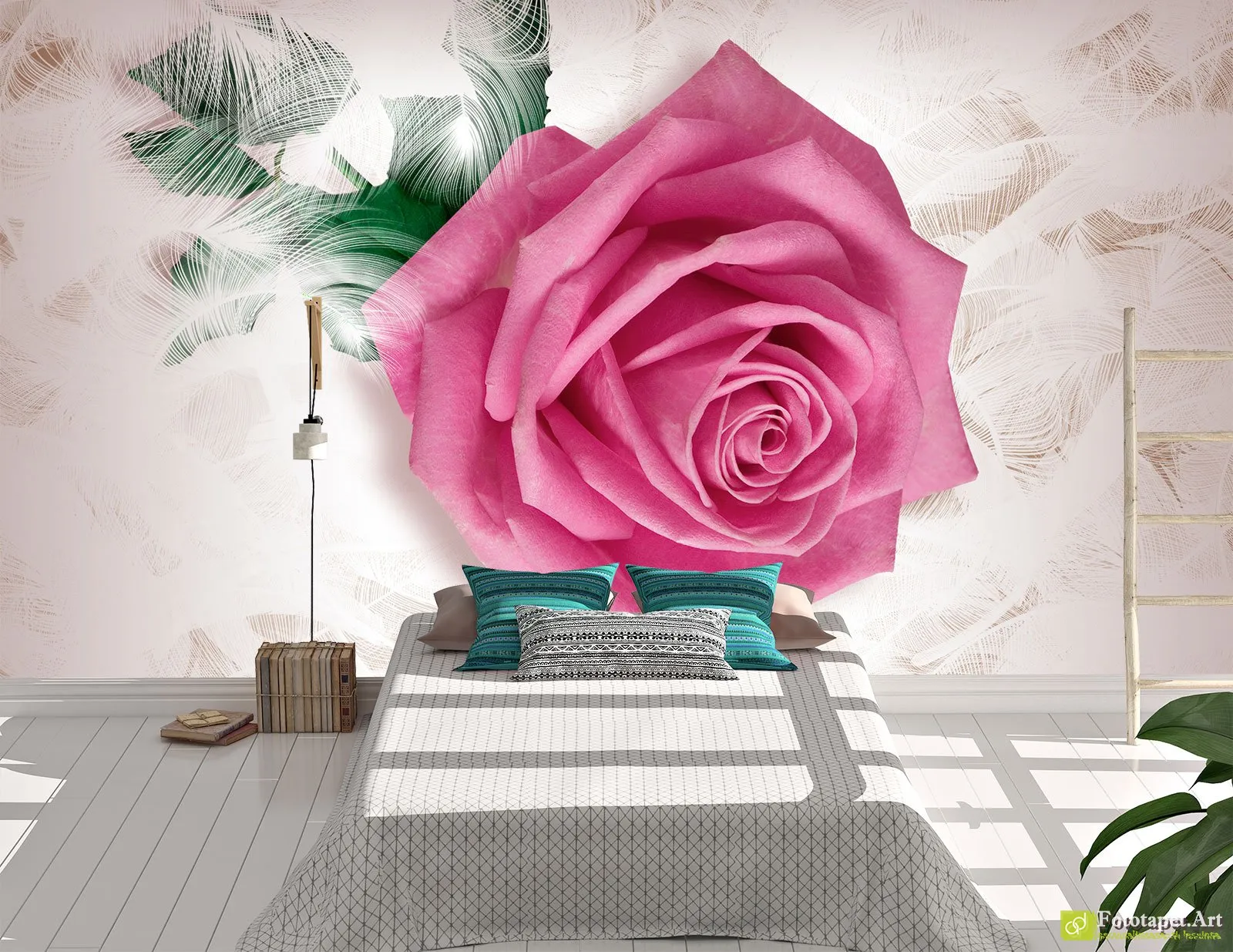 Tapet cu flori mari, Fototapet Flori - Trandafir și pene, tapet la comanda