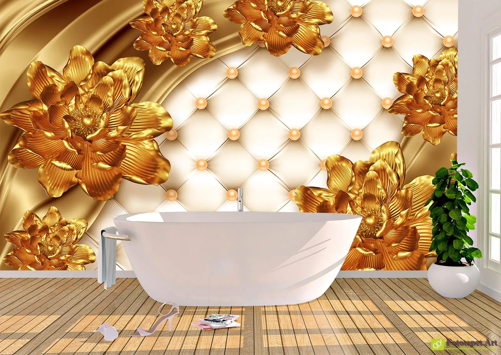 Fototapet Flori - Flori aurii și piele, Tapet decorativ 3d