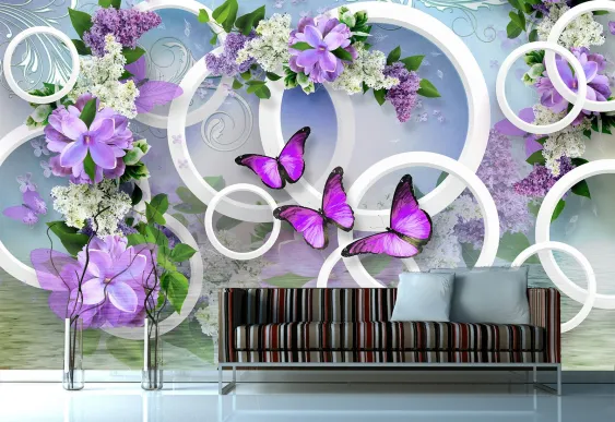 Fototapet 3d Cercuri cu liliac, Tapet decorativ personalizat in living