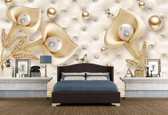 Fototapet 3d Flori de aur, Tapet decorativ la comanda