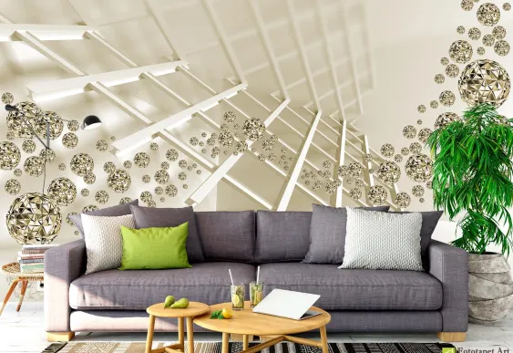 Fototapet 3d tunel și bile de aur, tapet 3d