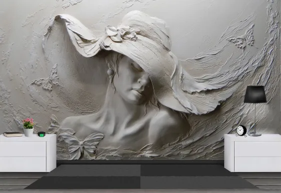 Fototapet 3d Fata cu pălărie, Tapet decorativ pentru living si dormitor