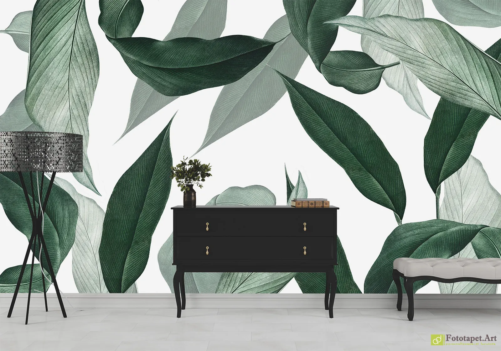 Fototapet frunze verzi pe fundal alb, tapet decorativ pentru living si dormitor