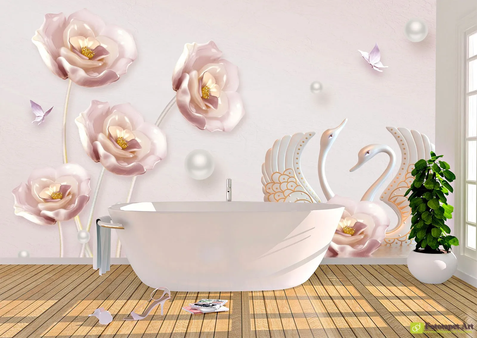 Fototapet 3d flori și lebede, tapet decorativ pentru living si dormitor