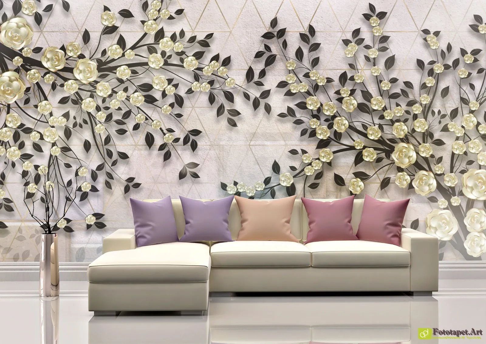 Fototapet 3d copac cu flori, tapet decorativ in living si dormitor