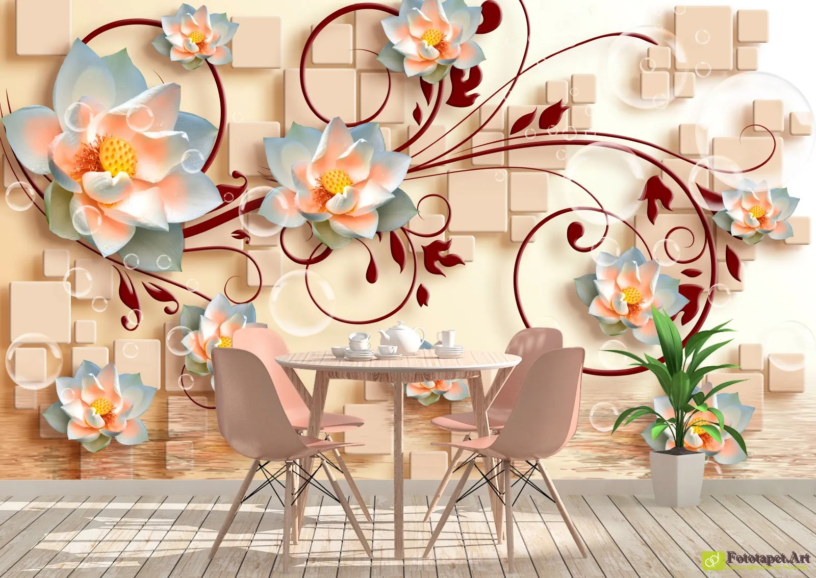 Foto tapet 3d flori, tapet decorativ pentru living si dormitor