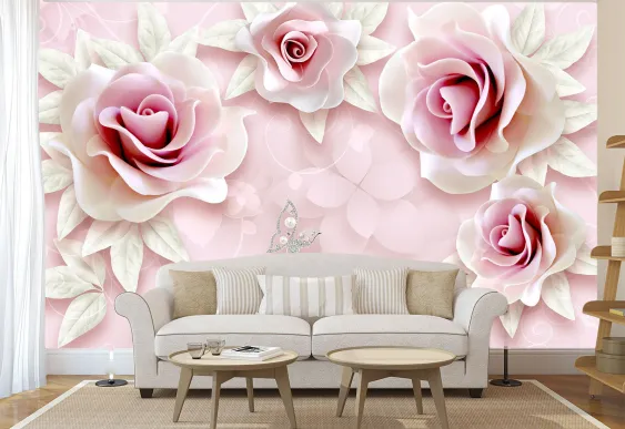 Fototapet Trandafiri pe fundal roz, Tapet dormitor