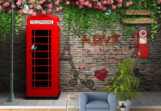 Tapet Caramida și cabina telefonică, fototapet 3d