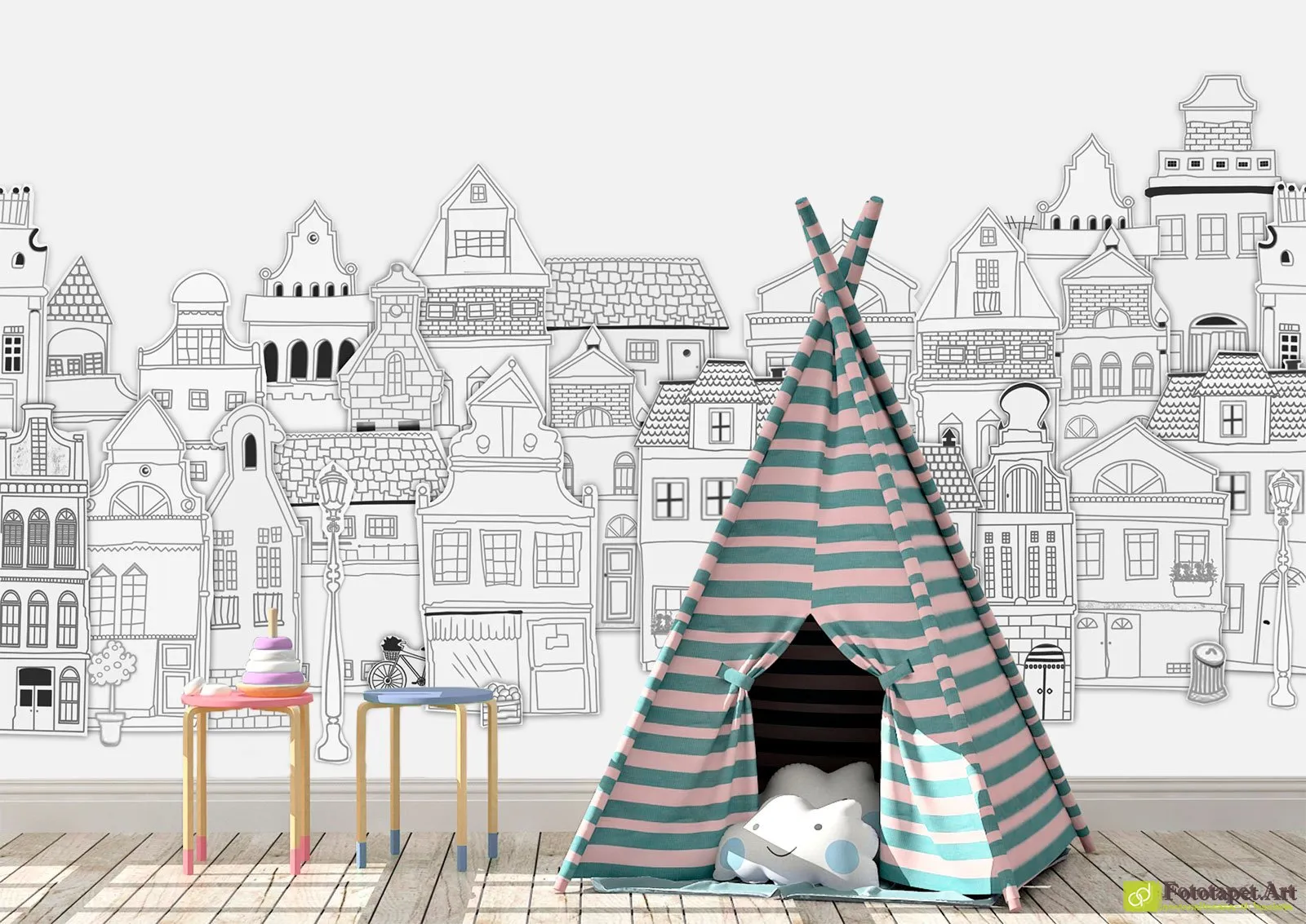 Fototapet pentru copii Case mici pe fundal gri