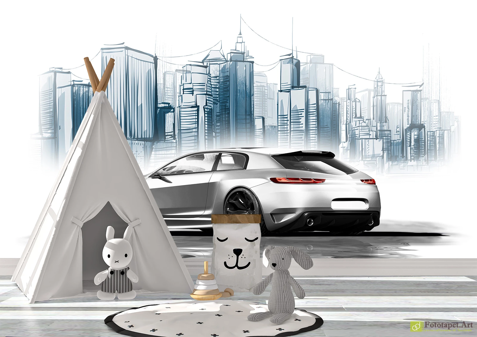 Fototapet mașina în oraș, în stil art