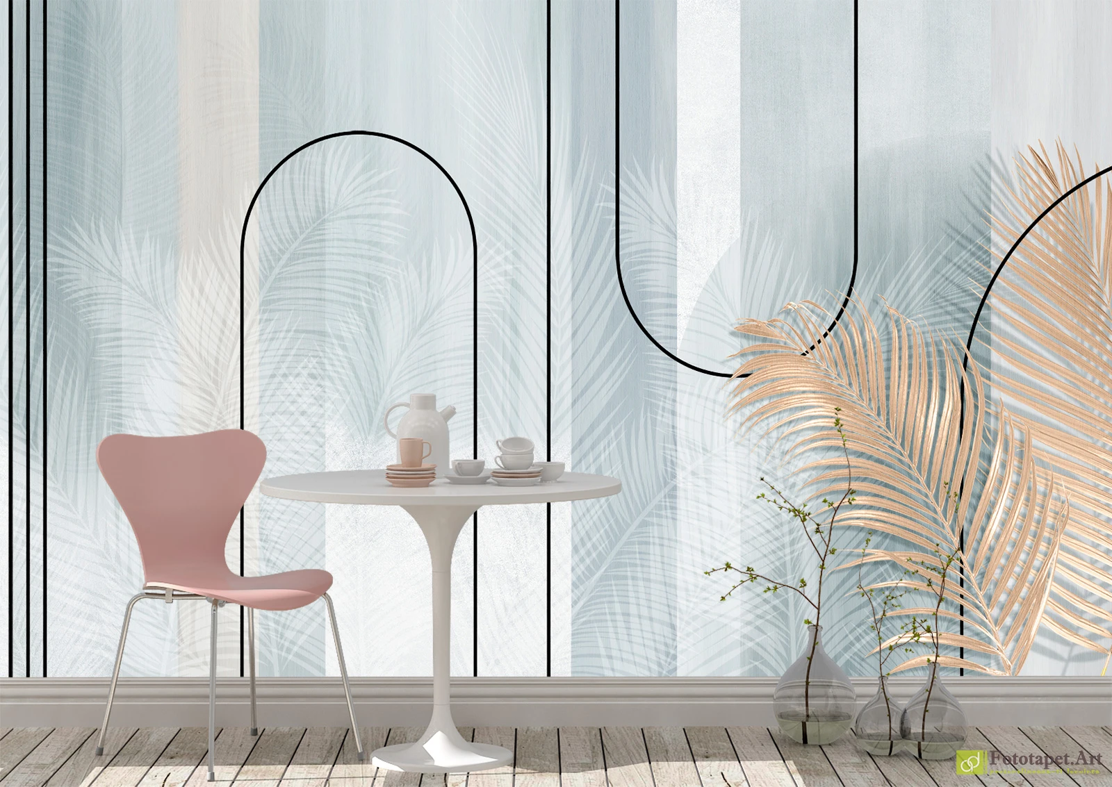 Fototapet cu frunze tropicale și linii negre